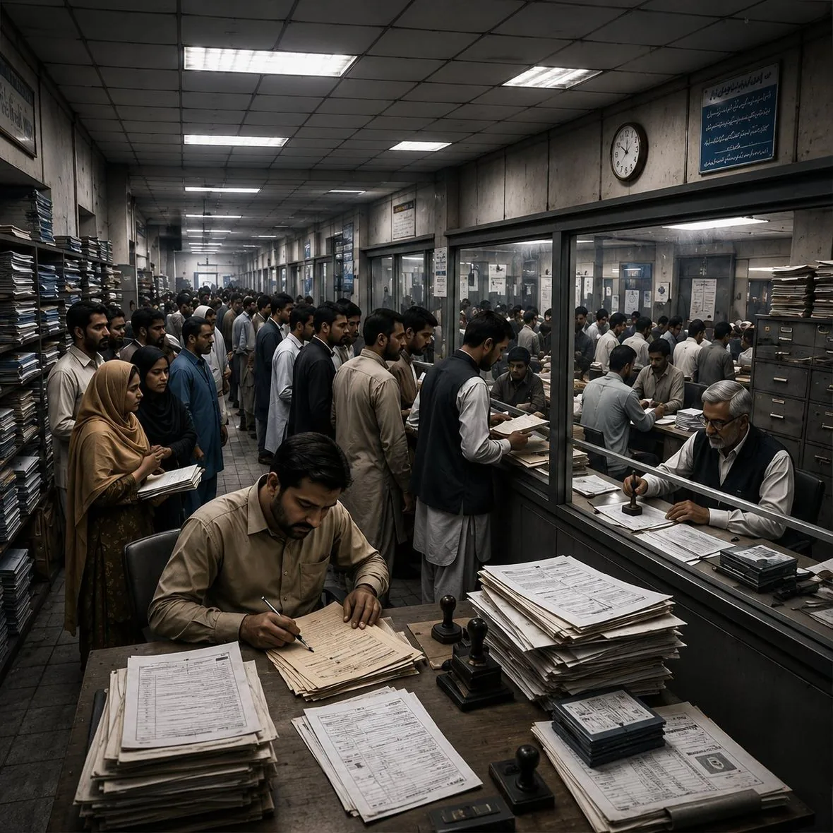 Citizens queuing with paperwork at a government office